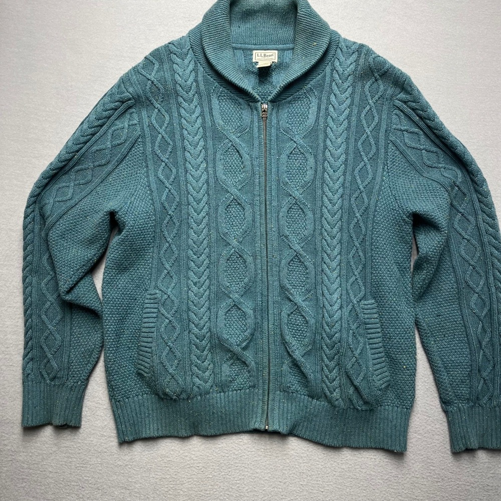 L.L. Bean Atomic Fleck Cable Knit Sweater Womens L Teal Full Zip Cardigan Cotton